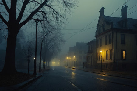 Morning fog on the street in the old town of Vilnius, Lithuania.の素材