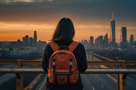 Young woman traveler with backpack standing on the bridge and looking at the city skyline.の素材