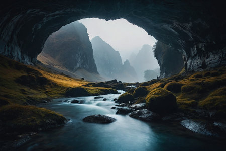 Beautiful mountain landscape with river flowing through the cave in the morningの素材