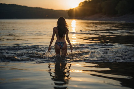 A girl in a swimsuit bathes in the sea at sunset.の素材