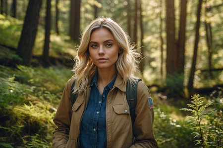 beautiful blonde woman with backpack standing in forest on sunny day and looking at cameraの素材