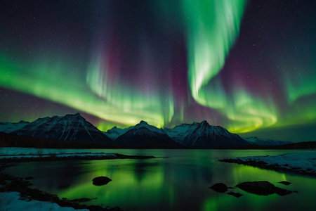 Aurora borealis, northern lights over Lofoten islands, Norwayの素材