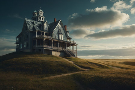 Abandoned house on the top of a hill at sunset.の素材