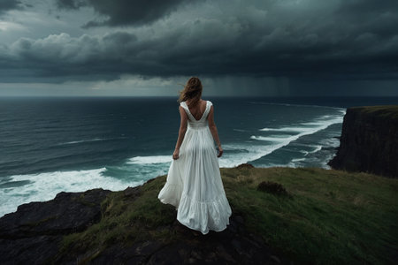 Beautiful bride in a long white dress standing on a cliff overlooking the oceanの素材