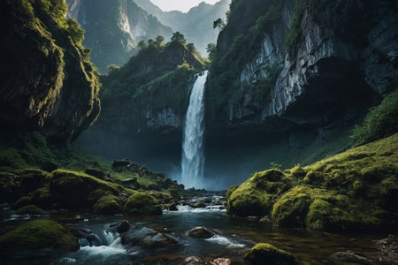 Waterfall in the mountains. Waterfall in the mountains. Mountain landscapeの素材
