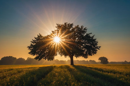 Tree in the middle of a field with yellow flowers at sunrise.の素材