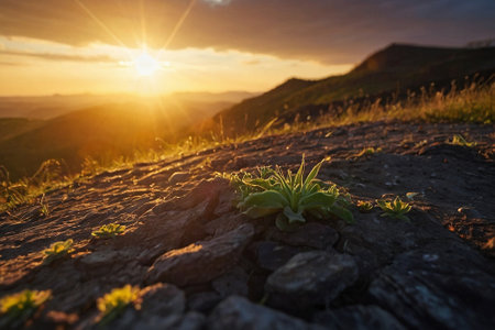 Green sprout growing on a stone in the mountains at sunset.の素材