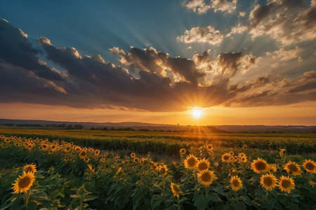 Sunset over sunflowers field. Beautiful summer landscape with sunflowers.の素材