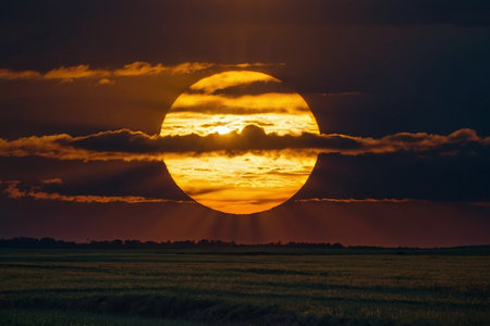 Sunset over rice field. Beautiful sunset over rice field. Sunset over rice field.の素材