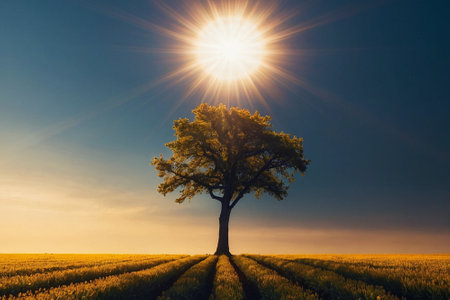 Lonely tree in a field at sunset. Spring landscape.の素材
