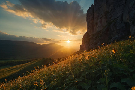 Sunset in the mountains with sunflowers. Beautiful summer landscape.の素材