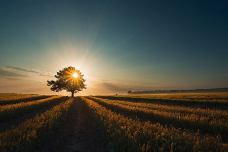 Sunset in a rice field with a single tree in the foregroundの素材
