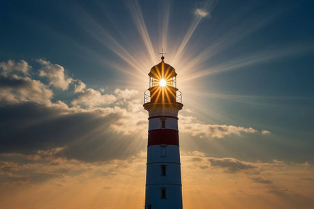 Lighthouse at sunset with sun rays and clouds in the sky.の素材