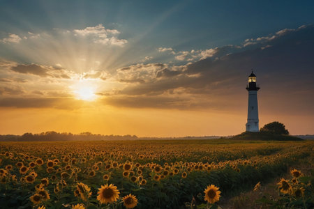 Sunset over a sunflower field with a lighthouse in the backgroundの素材