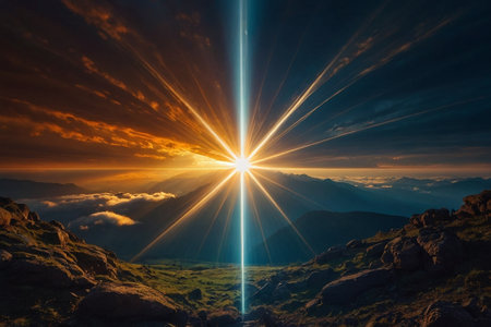 Sunrise in the mountains. 3d render. Computer digital image.の素材