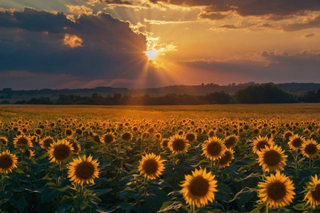 Sunset over sunflowers field. Beautiful landscape with sunflowers.の素材