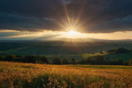 Sunset over the meadows and fields in the Ukrainian Carpathiansの素材