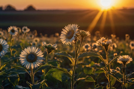 Sunset over a field of daisies with sunflowersの素材