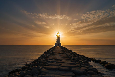Lighthouse in the rays of the setting sun on the sea.の素材
