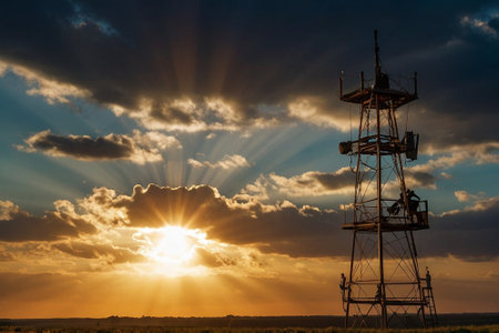 Silhouette of high voltage transmission tower at sunset with sun raysの素材