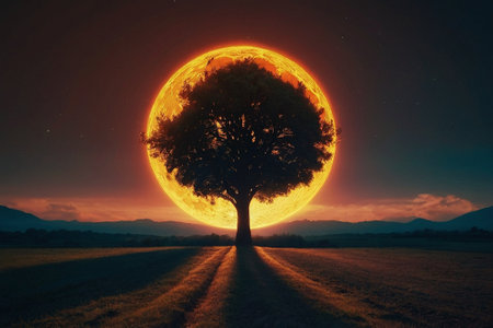 Lonely tree in the meadow at night with full moonの素材