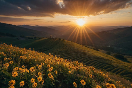 Sunset over sunflower field in the Carpathian mountains.の素材