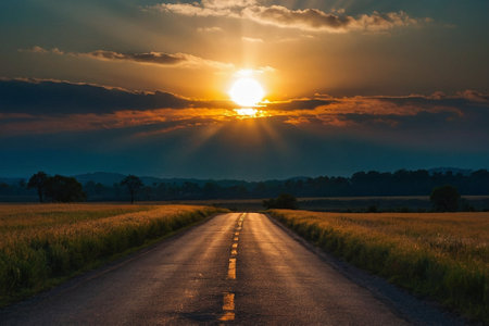 Sunset over an empty road in the middle of the field.の素材