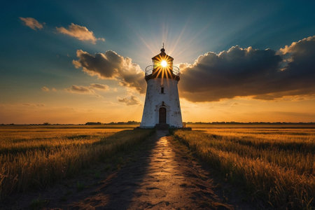 Sunset over the old lighthouse in the field of wheat in summerの素材