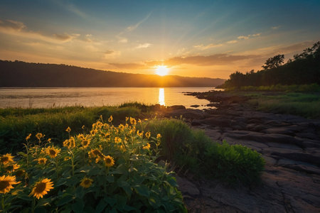 Sunset over the lake with sunflowers and mountain background.の素材