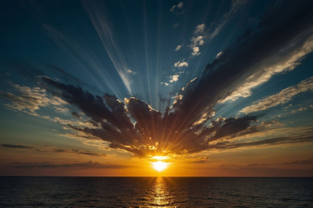 Sunset over the sea. Dramatic sky with sun rays.の素材