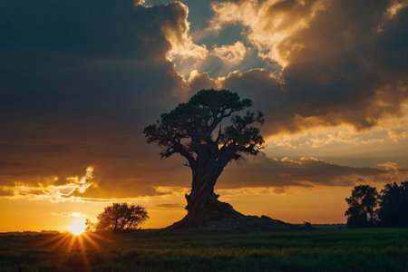 Sunset at Baobab tree in the middle of the fieldの素材
