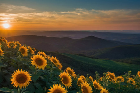 Sunflower field at sunset in Shenandoah National Park, Virginia.の素材