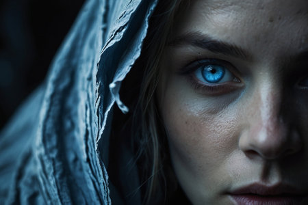 Young woman with blue eyes in a hood looking at the camera.の素材
