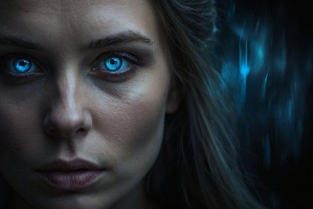portrait of a beautiful girl with blue eyes on a dark backgroundの素材