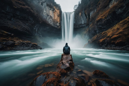 Man sitting on a rock with a waterfall in the background. Long exposureの素材