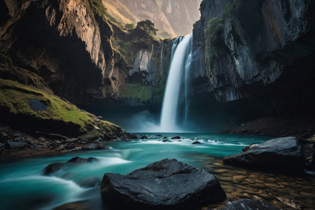 Waterfall in the mountains. Beautiful waterfall in the mountains. Long exposure shotの素材
