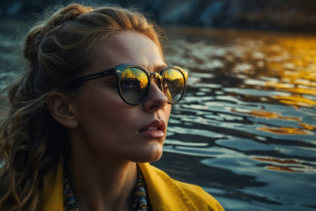 Portrait of a beautiful girl in sunglasses on the background of the lake.の素材