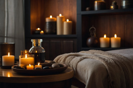Spa still life with burning candles and massage stones on wooden tableの素材