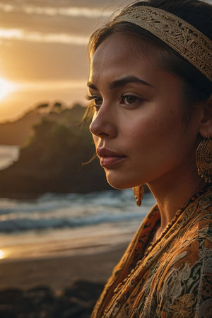 Portrait of a beautiful Asian woman with headscarf on the beach at sunsetの素材
