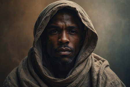 Portrait of a man in a hood on a dark background.の素材