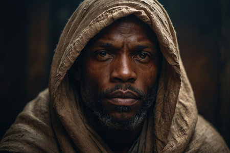 Portrait of a black man with a beard and mustache in a hood.の素材