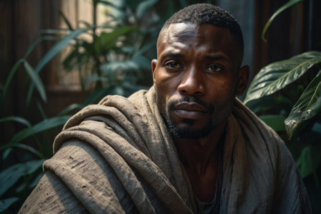 Portrait of a black man wrapped in a blanket looking at the cameraの素材