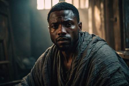 Portrait of a sad African-American man in a dark roomの素材