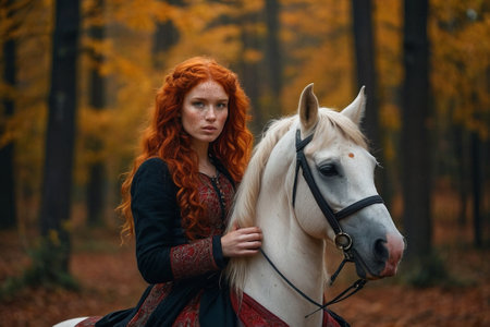 Beautiful redhead girl in medieval dress with white horse in autumn forest.の素材