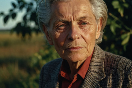 Portrait of a beautiful senior woman in the countryside. Toned.の素材