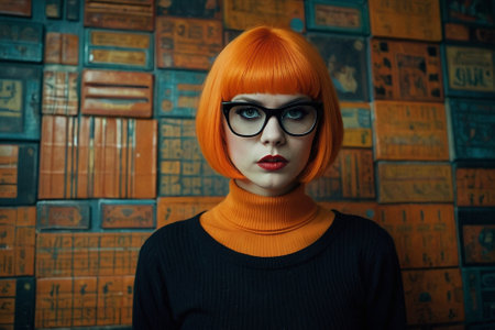 Fashionable redhead girl with glasses on the background of booksの素材