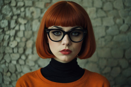 Portrait of a beautiful young woman with red hair and glasses.の素材