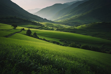 Terraced rice field landscape in Yunnan province, China.の素材