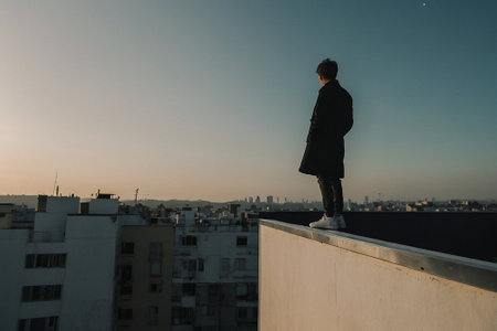 A young man in a black coat stands on the roof and looks at the city.の素材