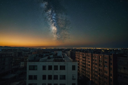 Milky way over the city. Night sky with stars and milky way.の素材